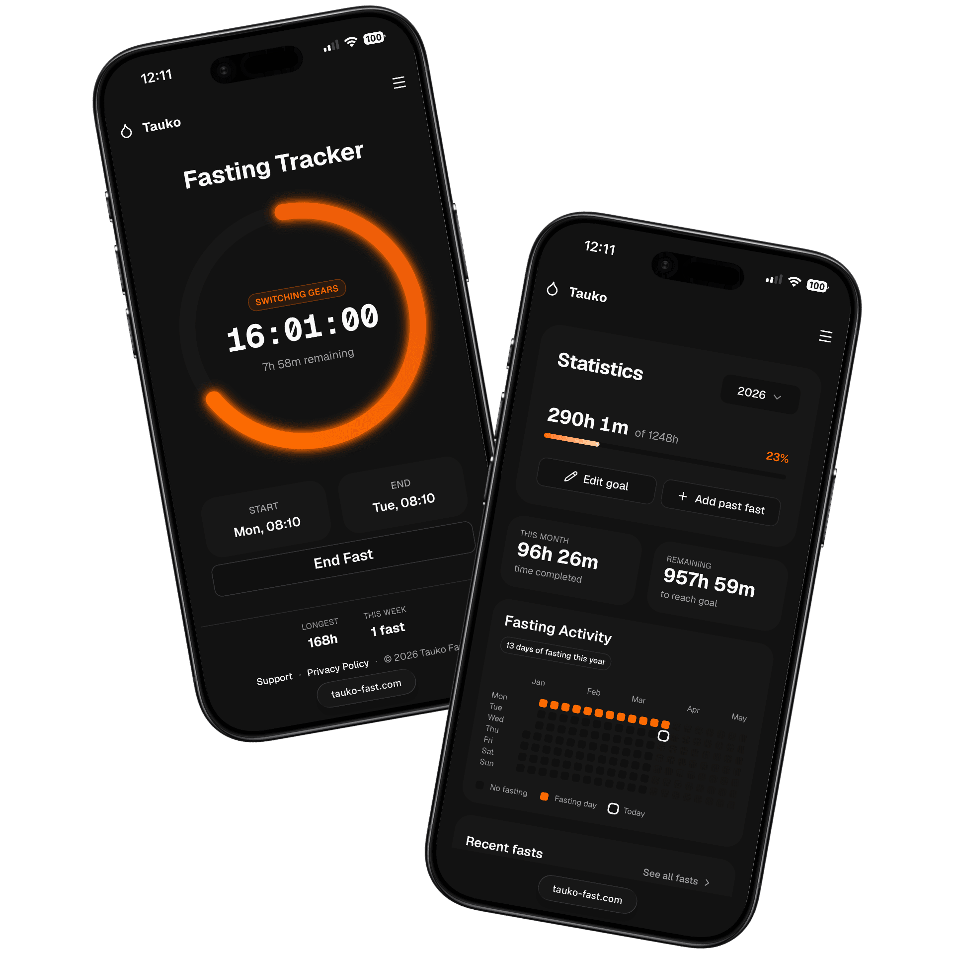 Tauko fasting tracker and statistics on two phone screens